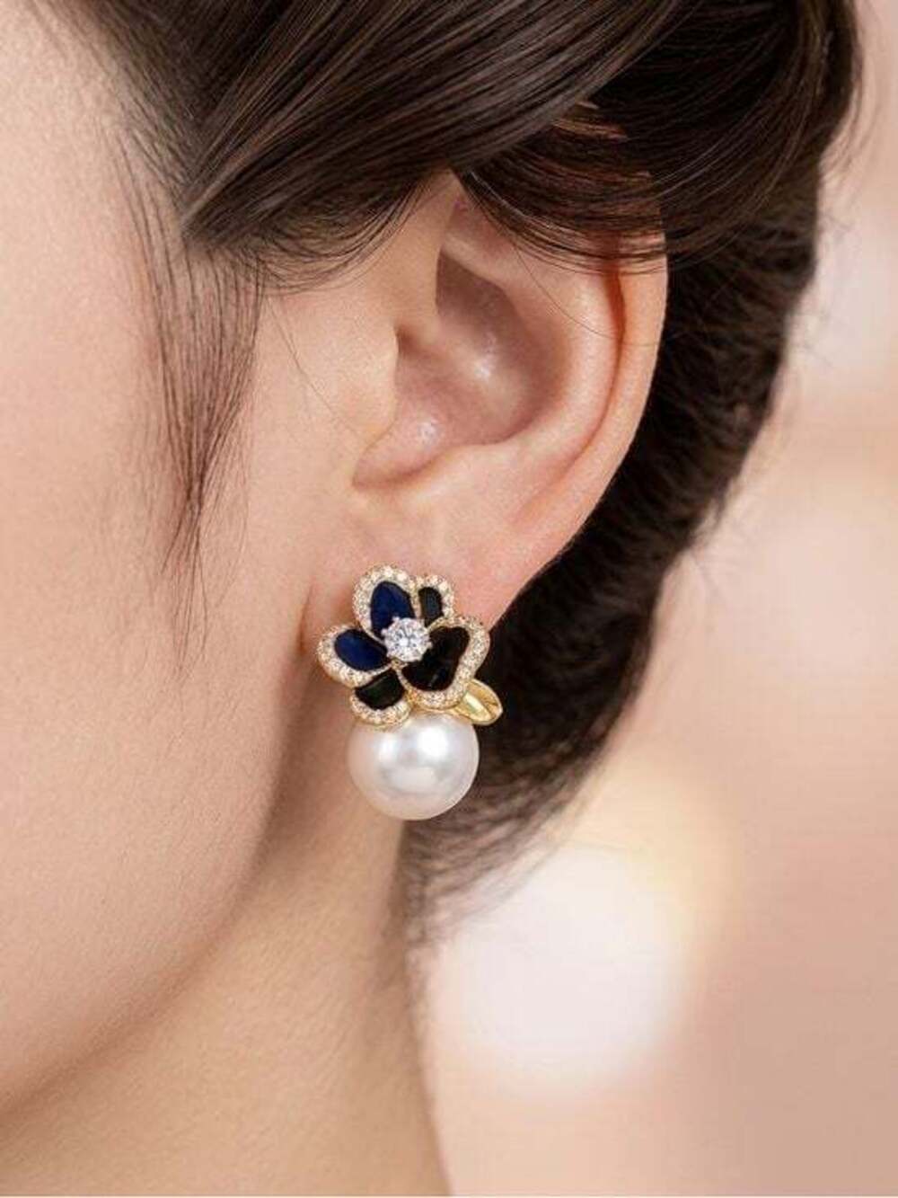 Gold Floral Pearl Drop Earrings with Navy and White Accents - Picture 3 of 4